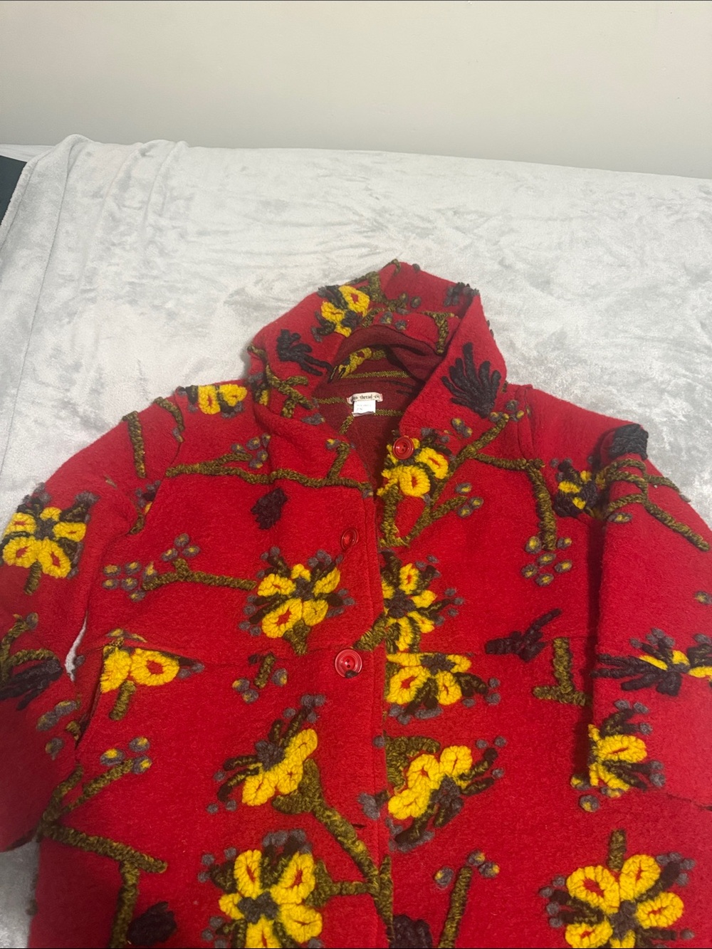 Women's Red Floral Pea Coat - Bold Yellow Blossom Pattern